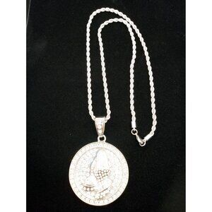 Praying Hands Medallion Pendant 23.75" Necklace Rope Chain & Rhinestones Aluminu